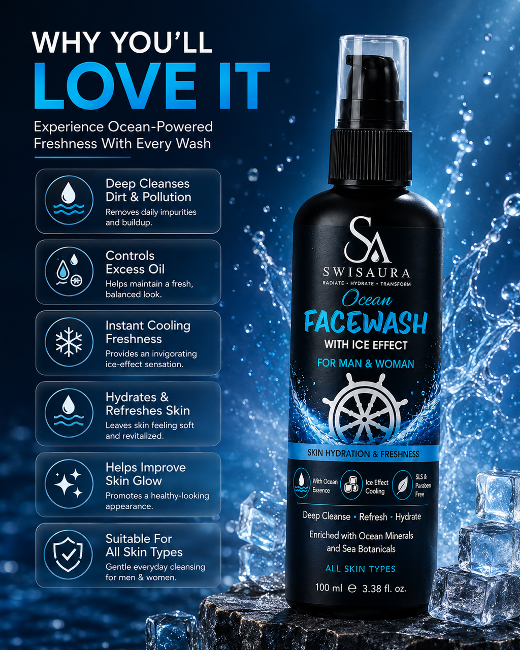 Ocean Facewash with Ice Effect — Pack of 1 | 100ml For Men & Women