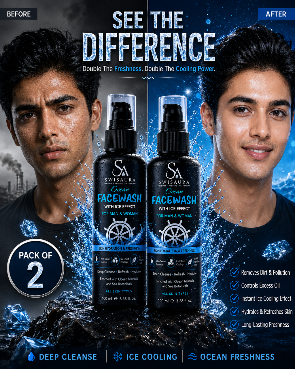 Swisaura Ocean Facewash with Ice Effect (Buy 1 Get 1 Free, 200ml)
