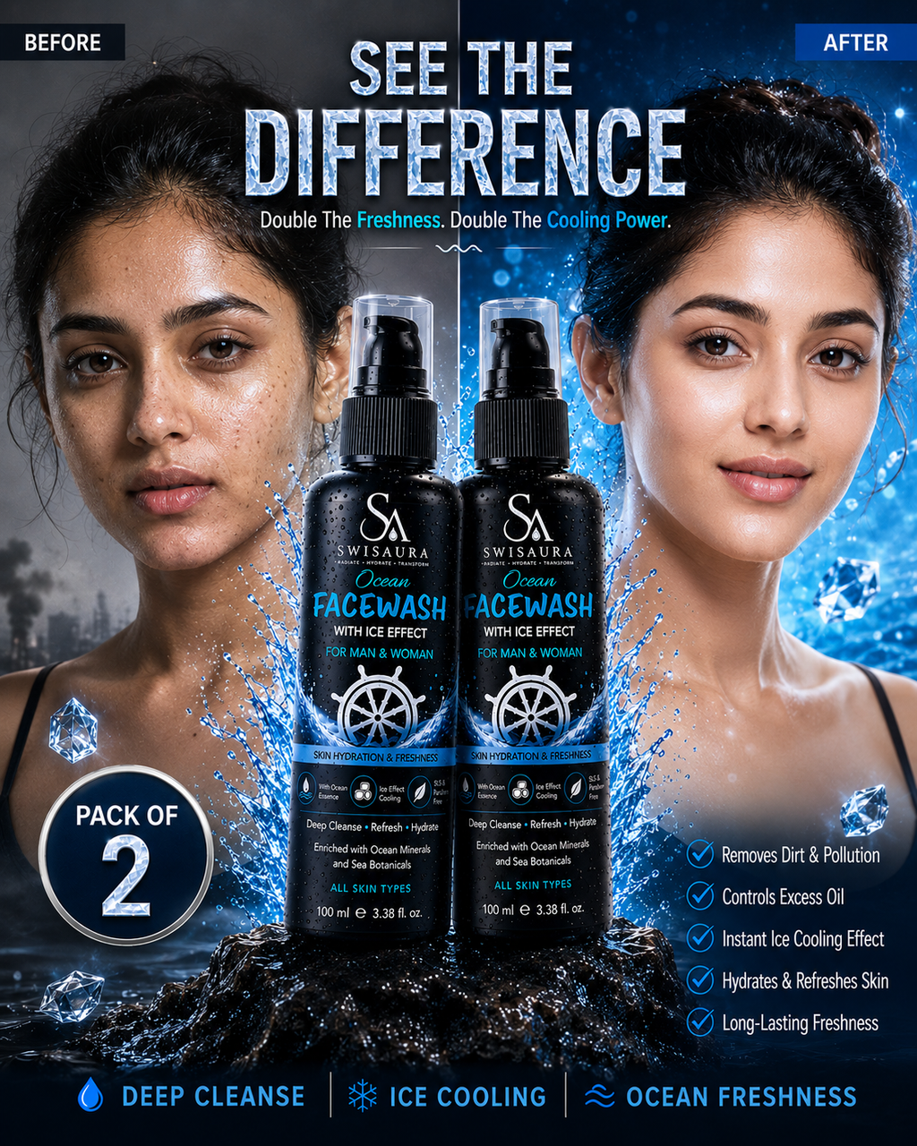 Swisaura Ocean Facewash with Ice Effect (Buy 1 Get 1 Free, 200ml)