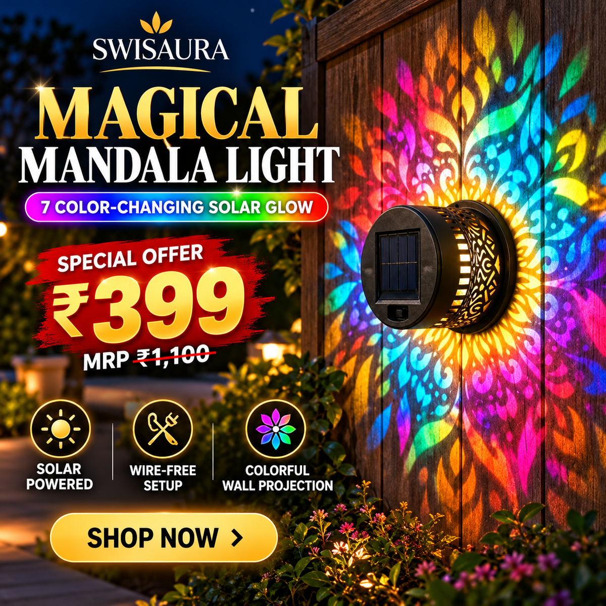Seven-Color Changing Solar Mandala Wall Light, Outdoor Projection